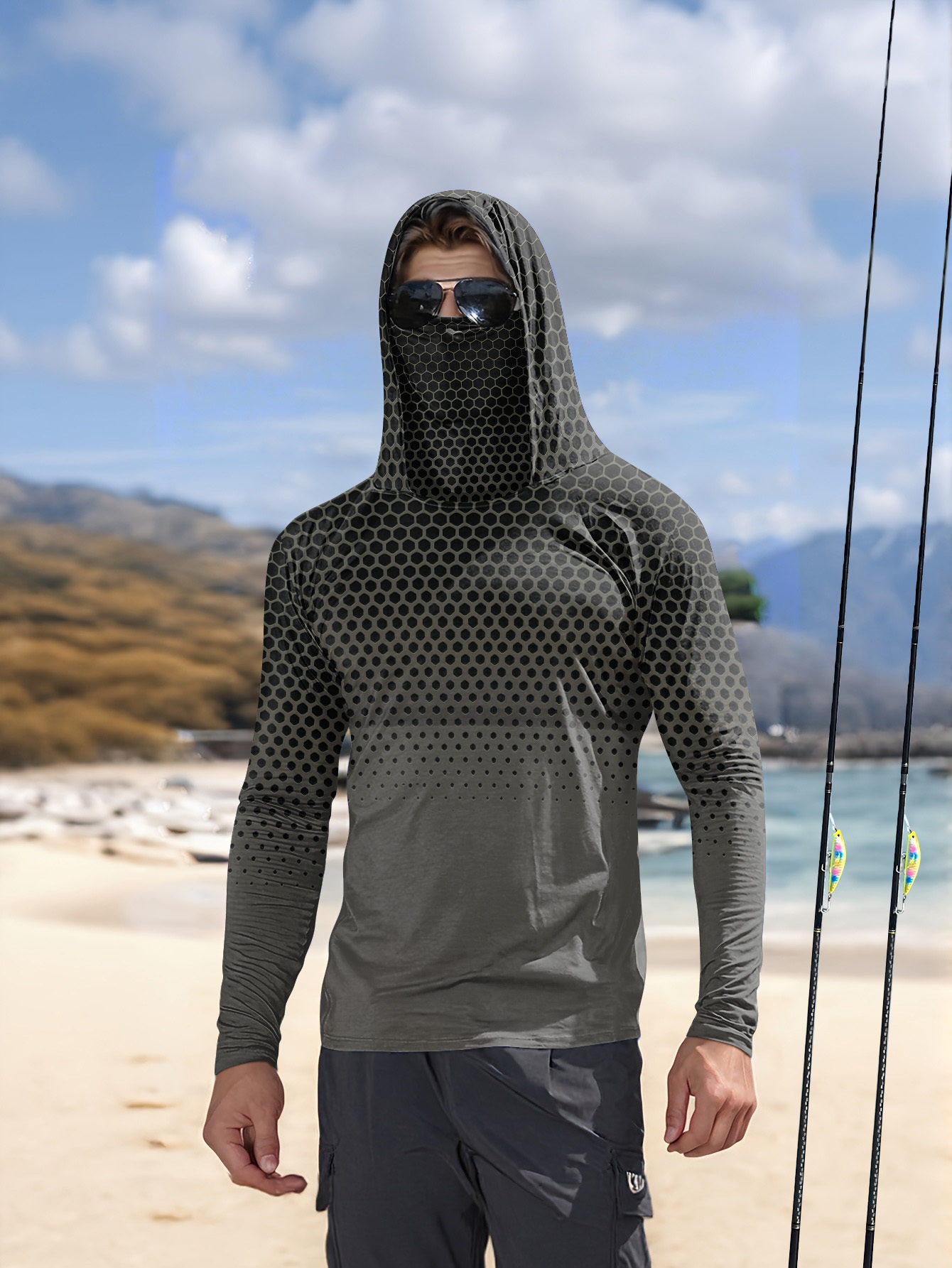 그레이 그라데이션 허니콤 남성용 낚시 후드 셔츠 내장형 - Fishing Shirt Uv Protection 리뷰 및 가격
